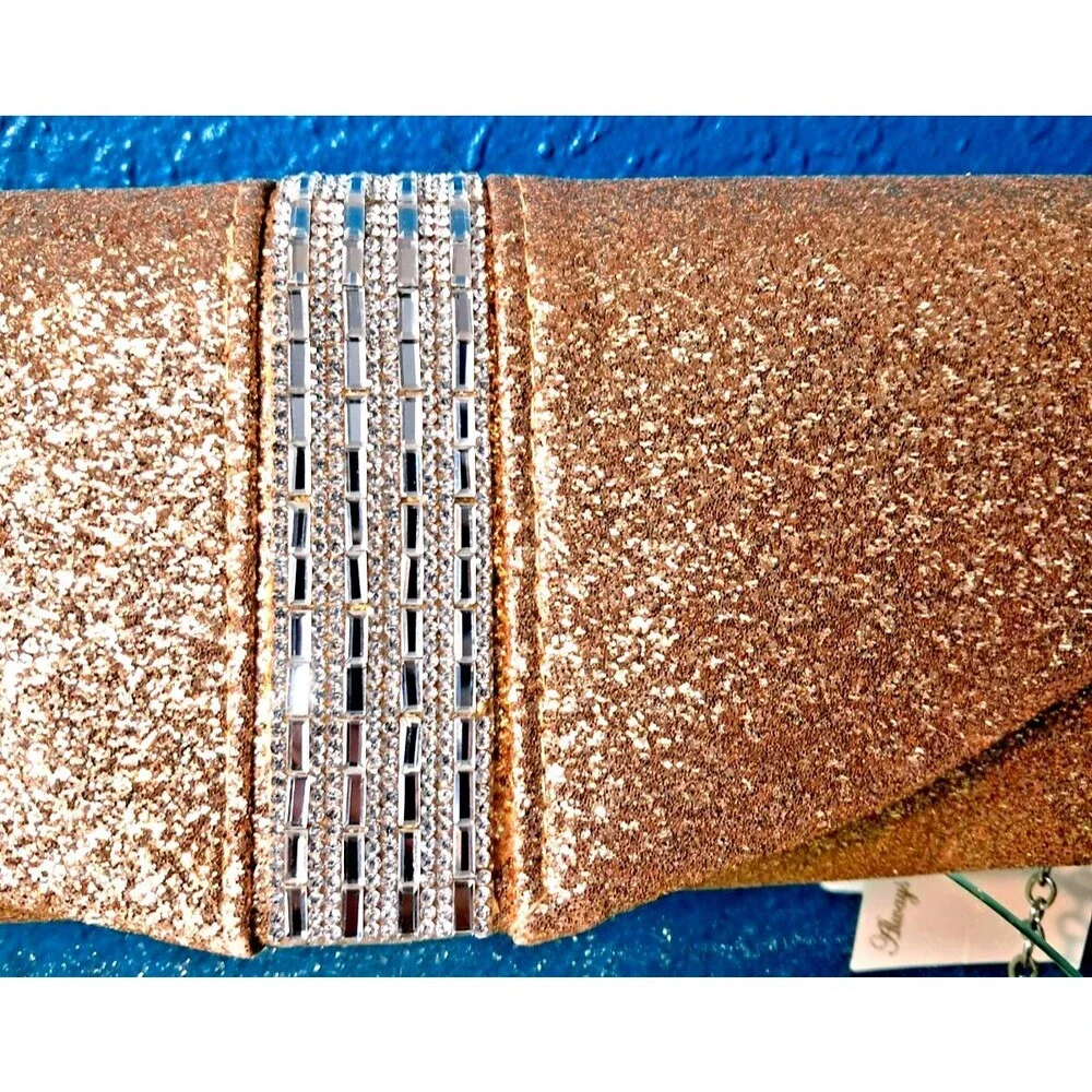 NWT Sasha New York Gold Glitter Silver Rhinestone Envelope Clutch Evening Purse - Picture 7 of 13